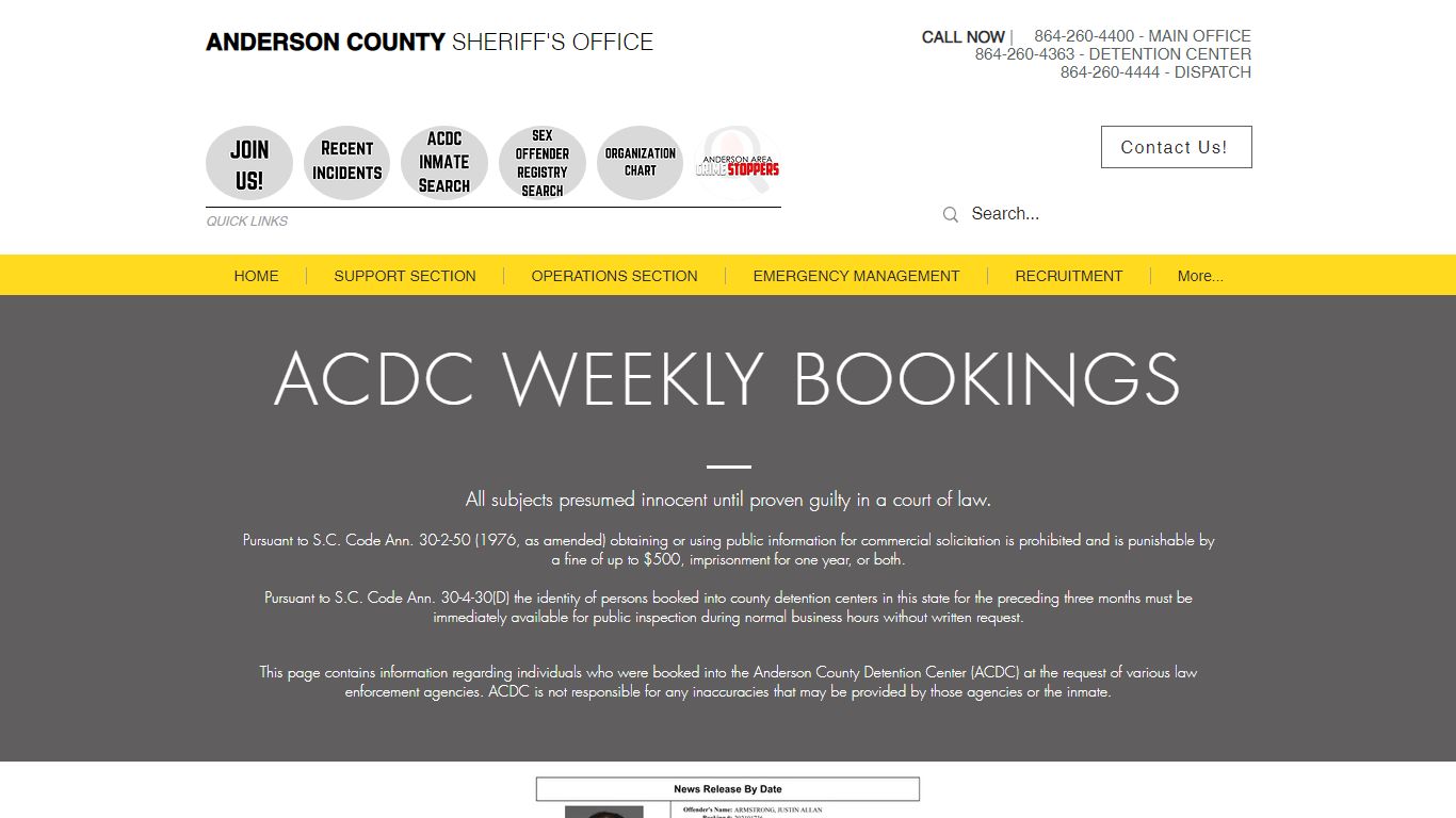 WEEKLY BOOKINGS | Anderson County Sheriff's Office | South Carolina